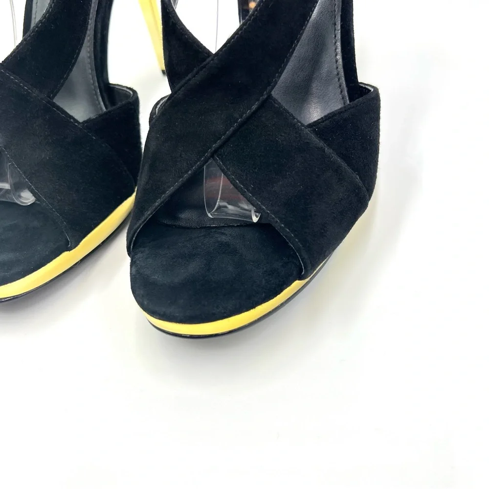 MK‎ Michael Kors Womens Size 9.5 Black Suede Gold Stiletto Platform Heels Shoes